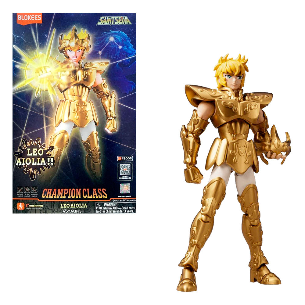 Figura Saint Seiya Leo Aioria de Blokees con armadura dorada detallada y pose dinámica Figura Saint Seiya Leo Aioria de Blokees con armadura dorada detallada y pose dinámica